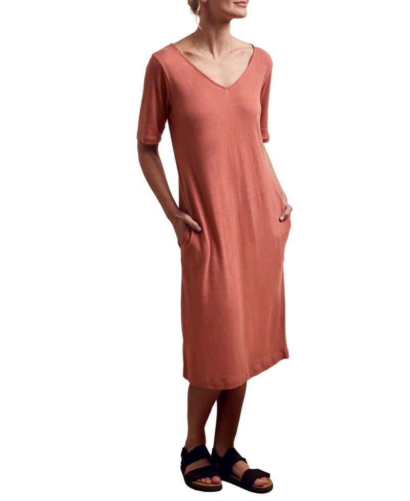 Women's Linen Blend V-Neck Midi Dress
