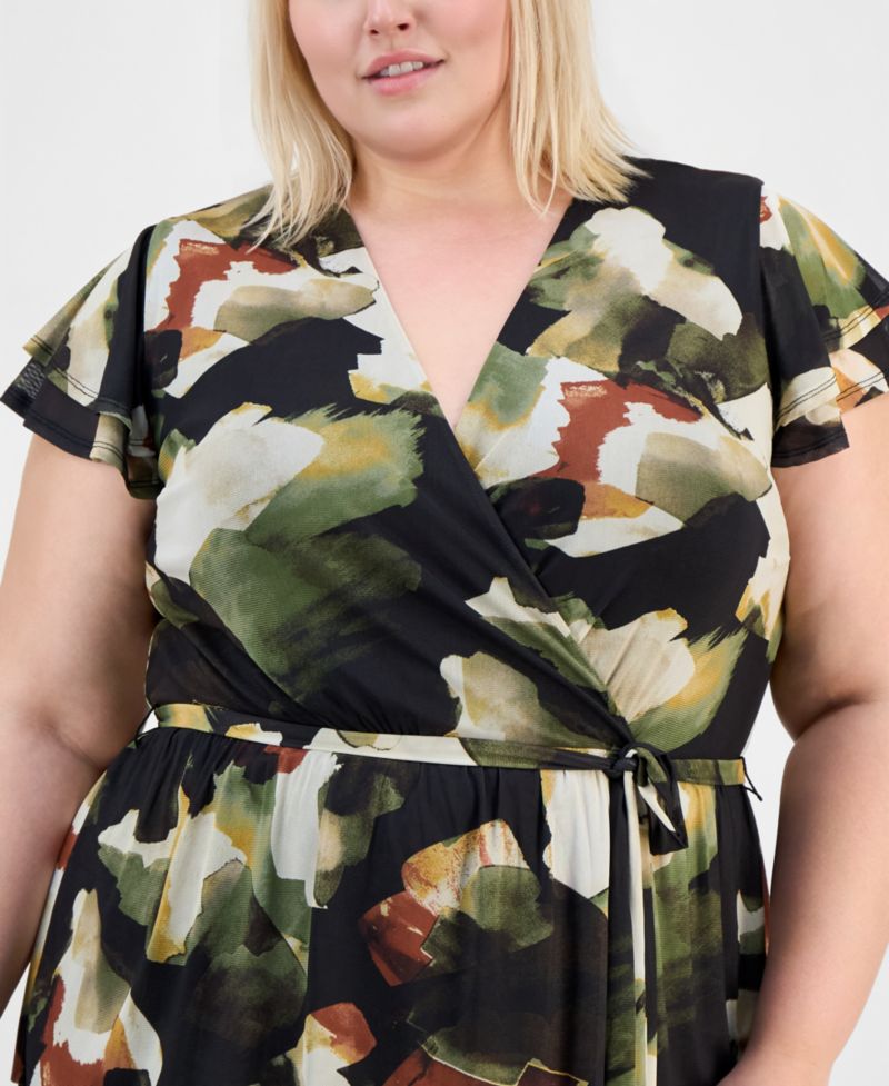 Plus Size Printed Tiered V-Neck Midi Dress