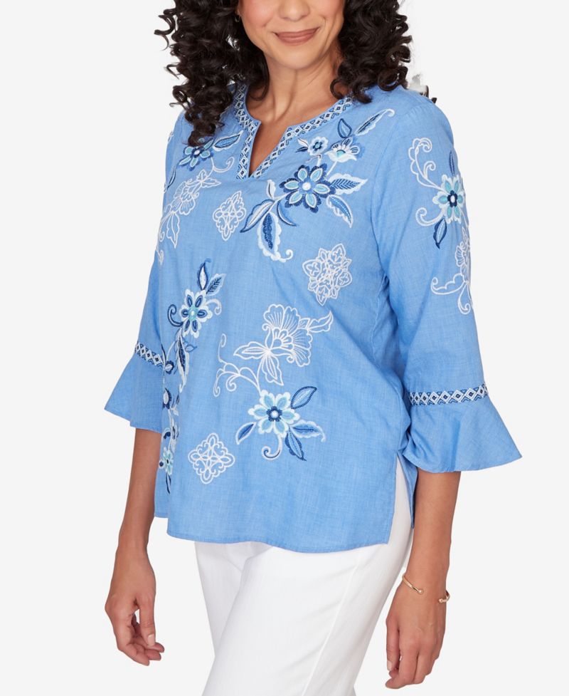 Women's Mykonos Floral Textured Embroidered Split Neck Top