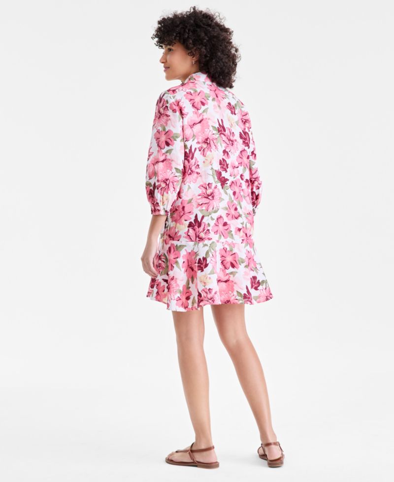 Plus Size 100% Linen Collared Flounce Dress