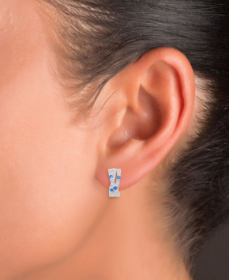 Blue Cubic Zirconia Pav&eacute; Three-Row Overlapped Huggie Earrings in Sterling Silver