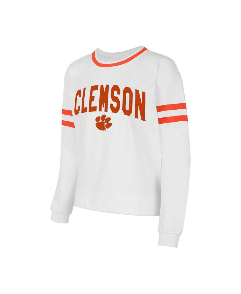 Women's White Clemson Tigers Borough French Terry Arch Over Long Sleeve Top