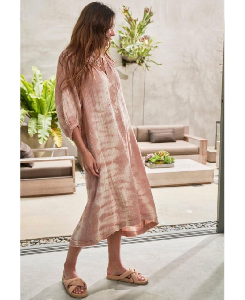 Women's Ocean+main Tie Dye V-Neck Cotton Gauze 3/4 Sleeve Dress with Pockets