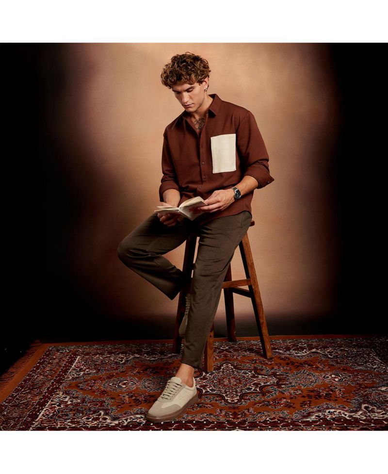 Men's Chocolate Brown Block-Patch Oversized Shirt