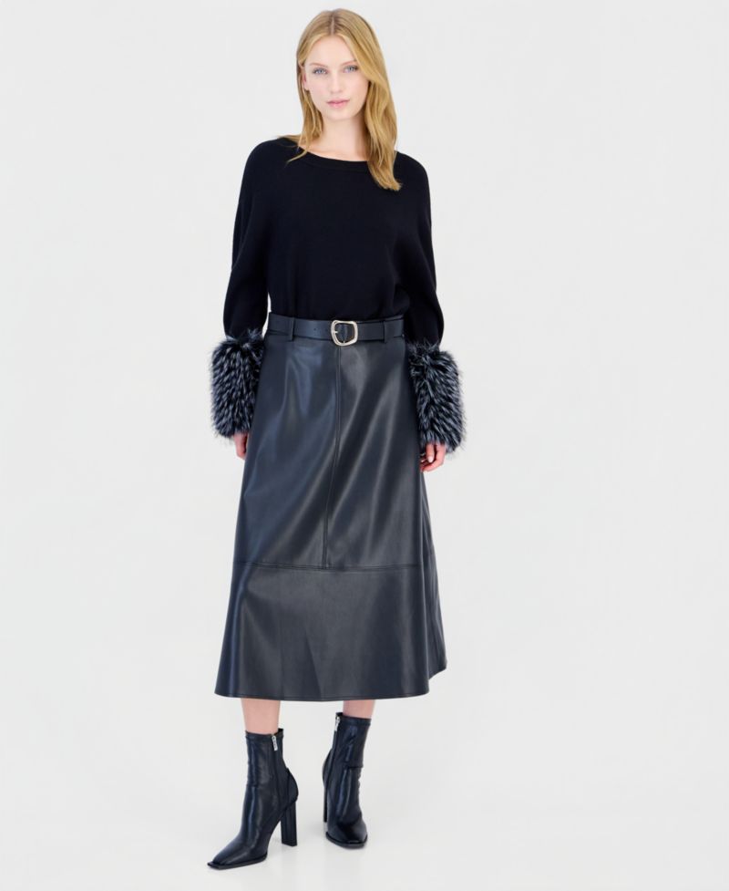 Women's Faux Leather Midi A-Line Skirt