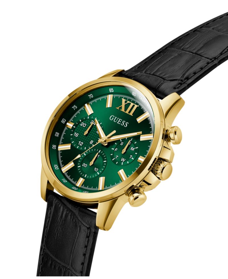 Men's Multifunction Black Genuine Leather Watch, 44mm