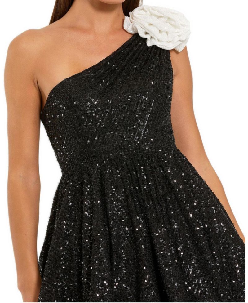 Women's One Shoulder Sequin Mini Dress With 3D Flower