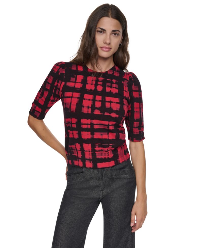 Women's Plaid Elbow-Sleeve Pullover Sweater