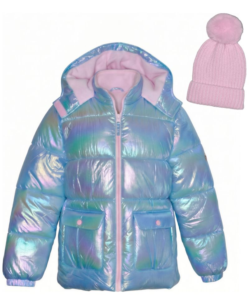 Girls' 5-16 Iridescent Puffer Jacket with Knit Hat, 2-Piece Set