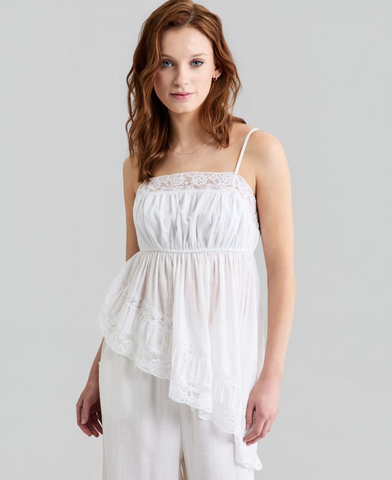 Petite Asymmetrical Lace Trim Pull-On Top