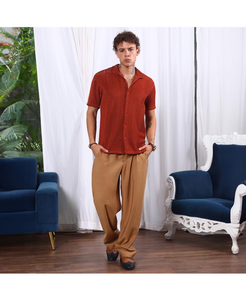 Men's Terracotta Brown Puffy-Textured Shirt