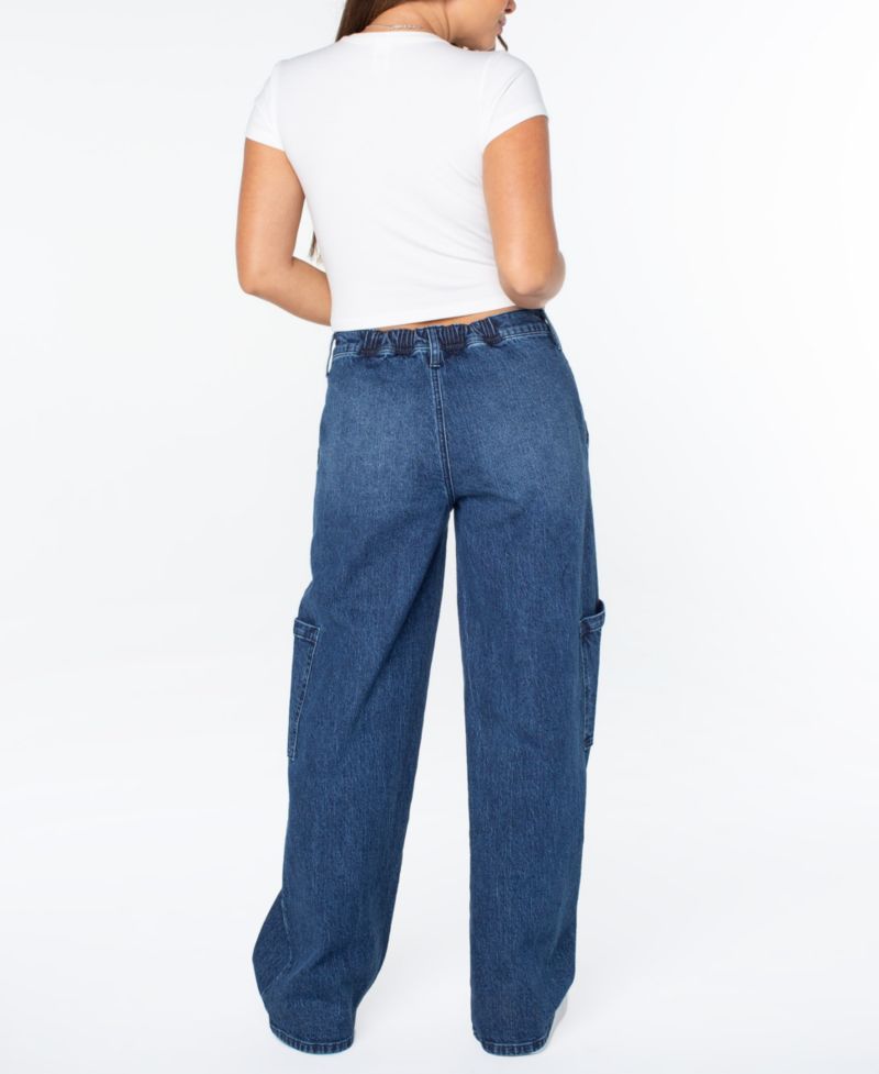 Juniors' Elastic-Back Mid-Rise Wide-Leg Cargo Jeans