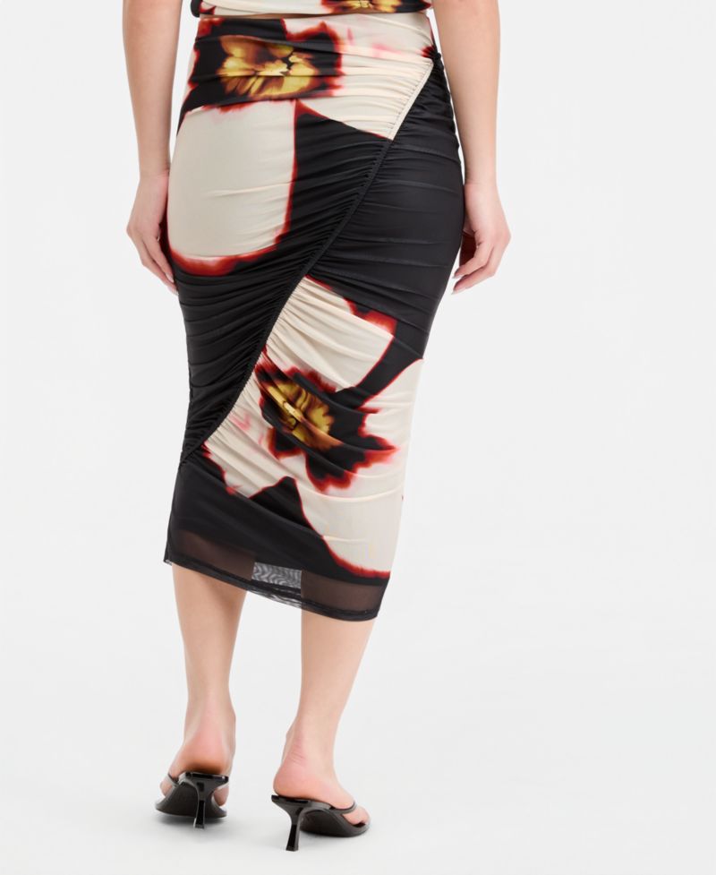 Women's Plaid Mesh Ruched Bodycon Midi Skirt