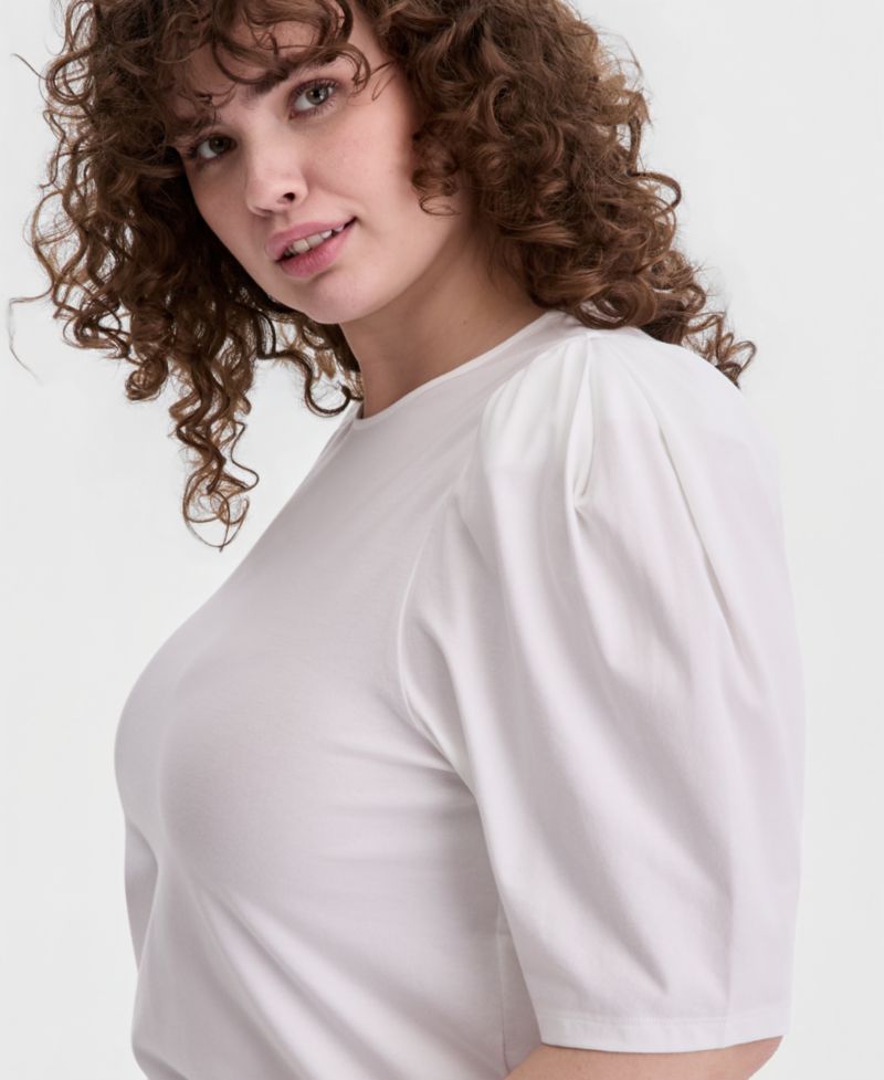 Trendy Plus Printed Ruched Puff-Sleeve Crewneck Top