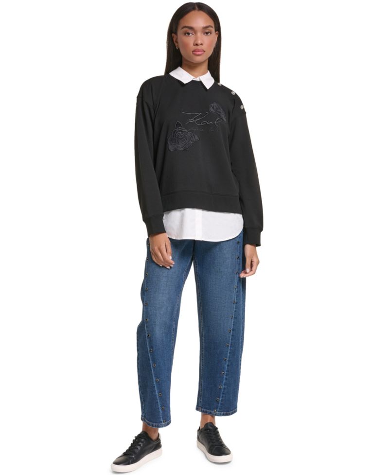 Petite Collared Twoffer Long-Sleeve Loose-Fit Pullover Sweater