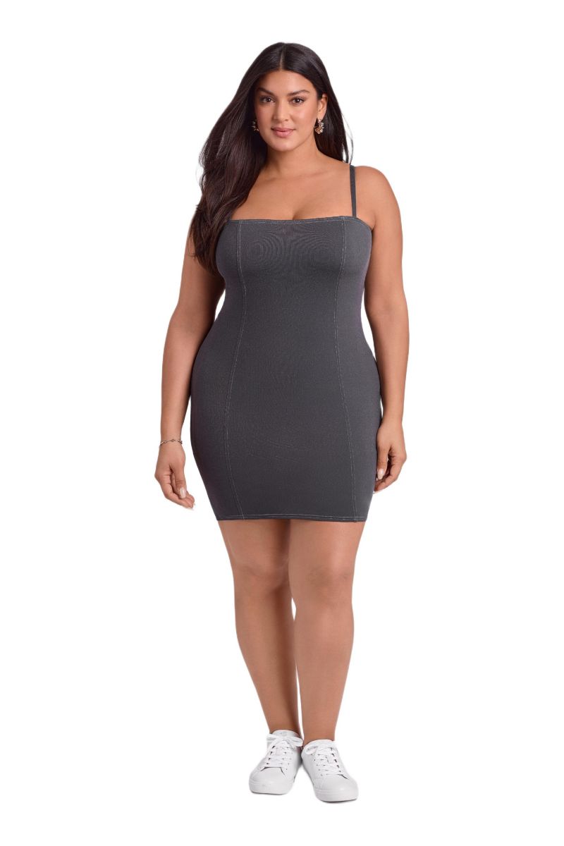 Women's Denim Straight Neck Sculpting Mini Dress with Built-In Shapewear