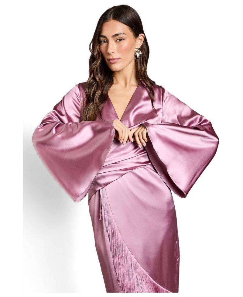 Women's V-Neck Fringe Wrap Midi Dress