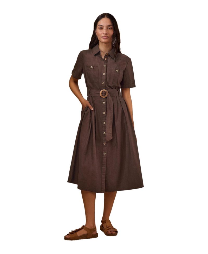 Women's Belted Safari Midi Shirt Dress