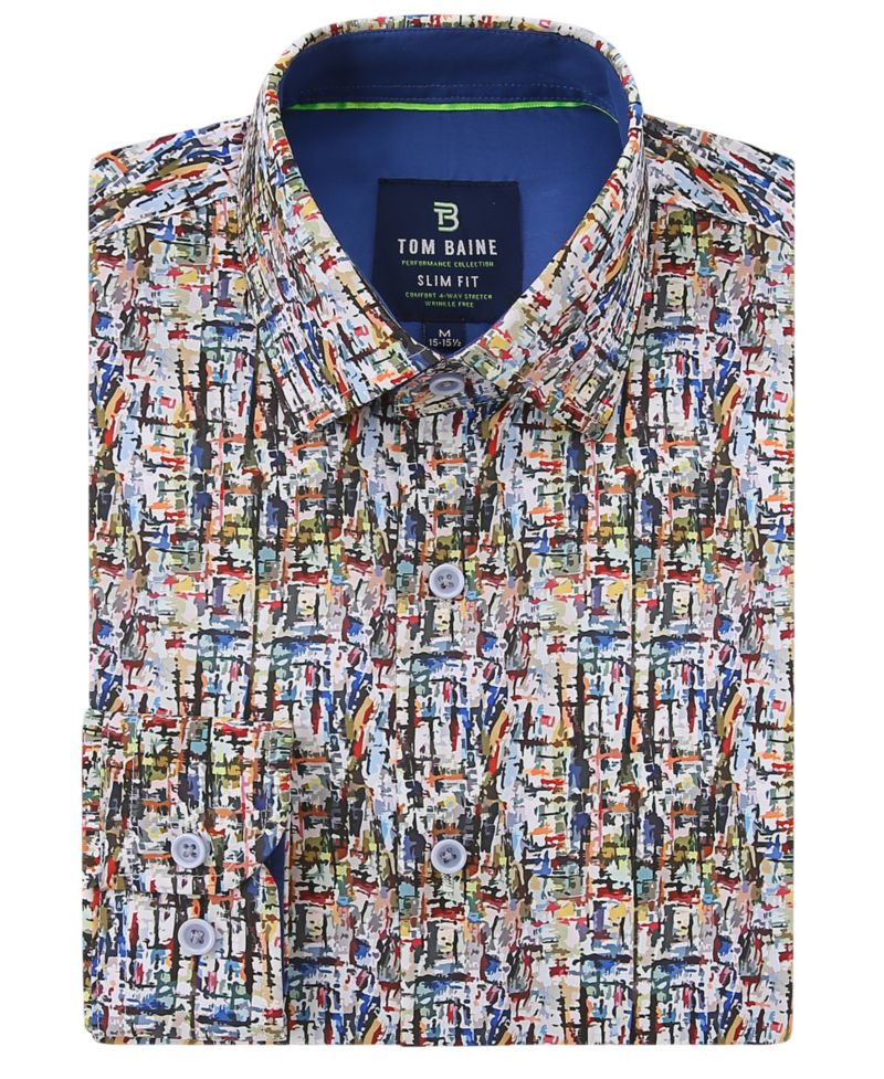 Men's Slim Fit Performance Long Sleeve Printed Dress Shirt