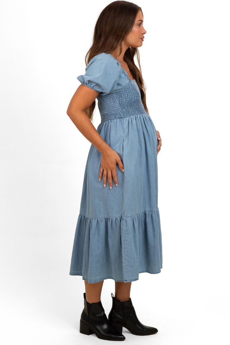 Women's Light Blue Vintage Wash Chambray Smocked Midi Dress