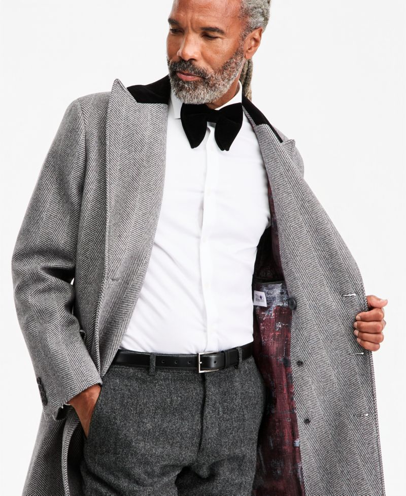 Men's Classic-Fit Herringbone Light Gray Double-Breasted Overcoat