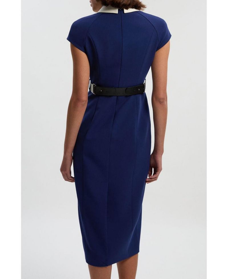 Women's Contrast Collar Tailored Midi Dress