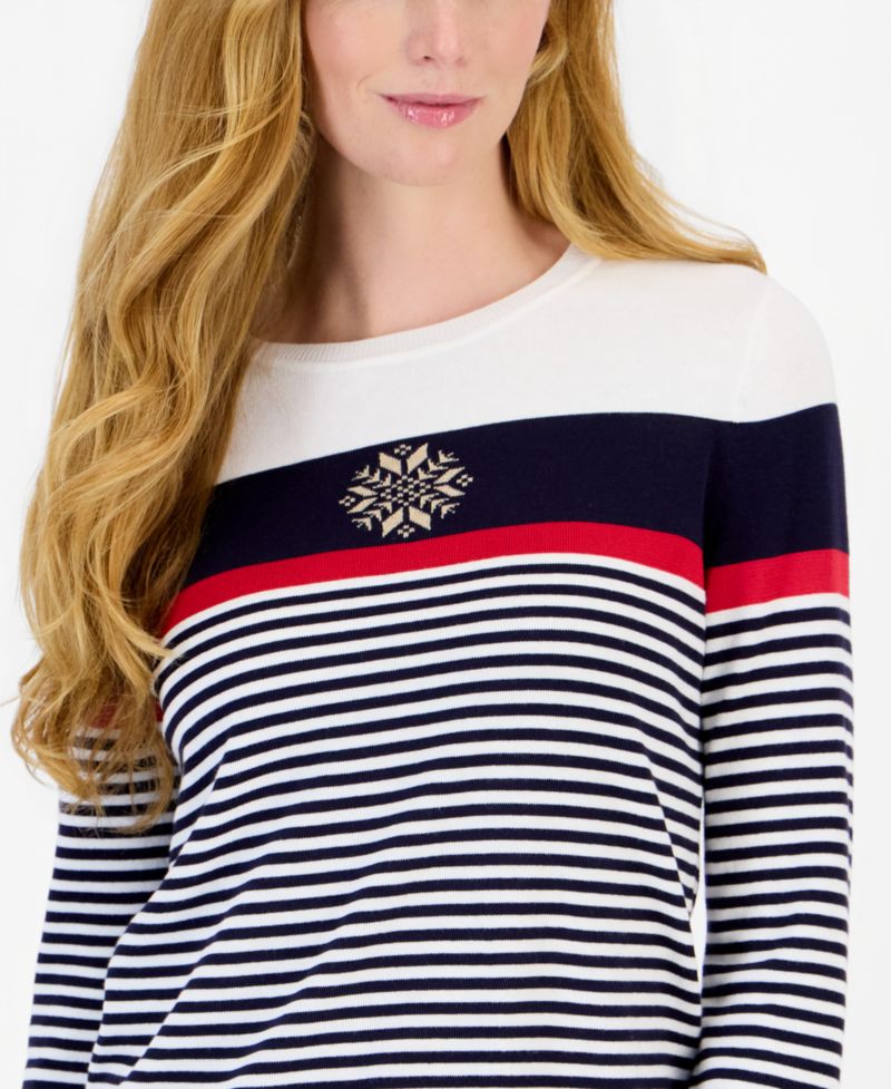 Women's Long-Sleeve Crewneck Striped Snowflake Holiday Sweater