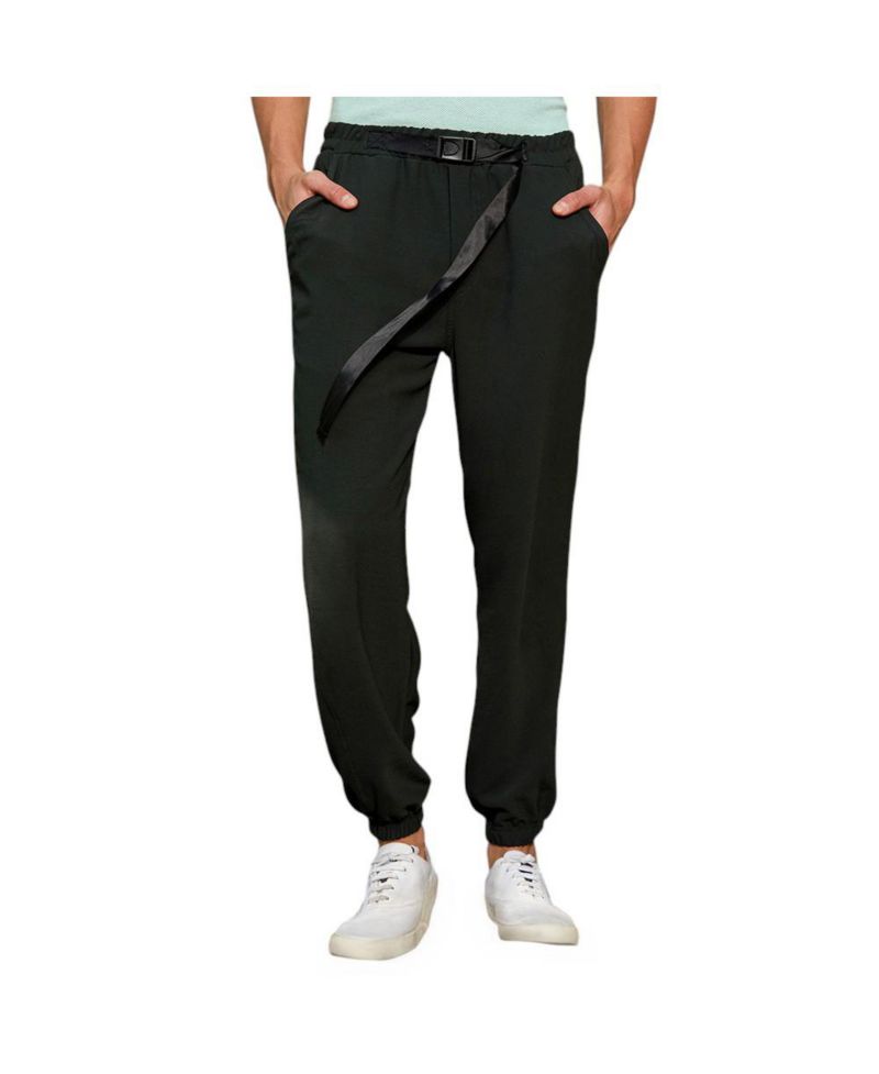 Men's Obsidian Black Solid Belted Trousers