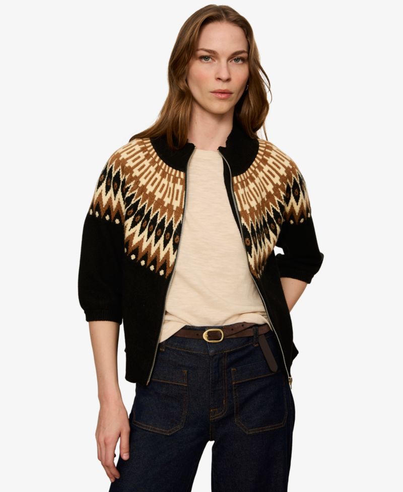Petite Fair Isle Mock Neck Short-Sleeve Zip-Up Cardigan