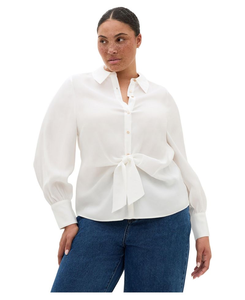 Plus Size Isabella Long-Sleeve Tie-Front Collared Blouse