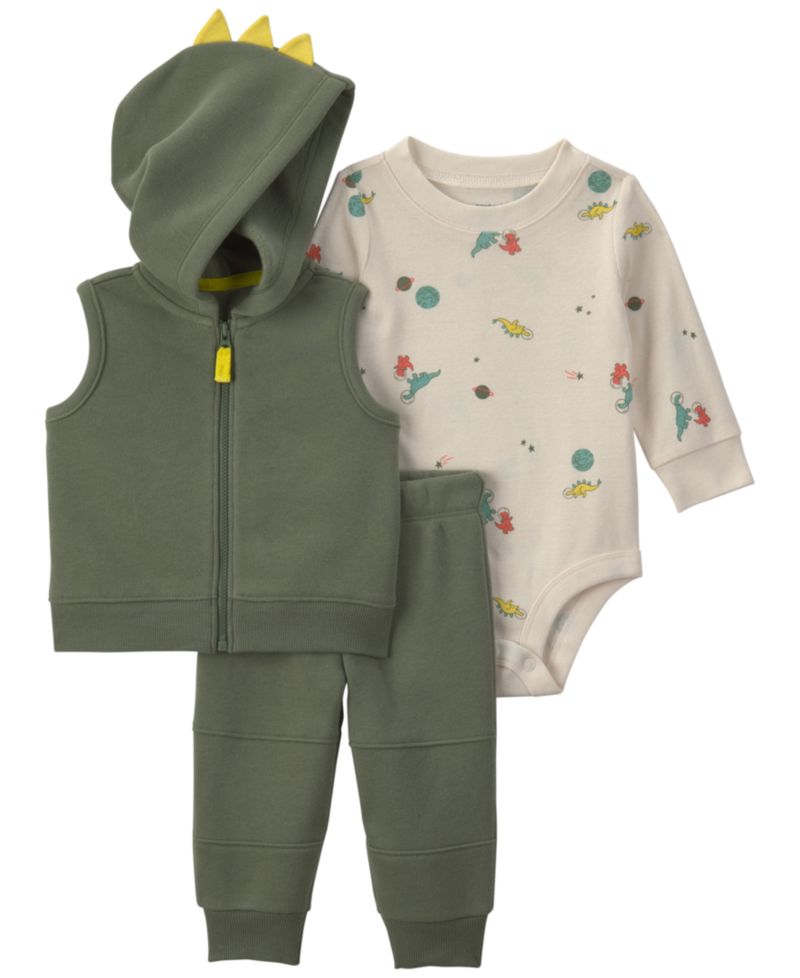 Baby Boys' Dinosaur Fleece Layering Long-Sleeve Bodysuit, Vest and Pants, 3-Piece Set
