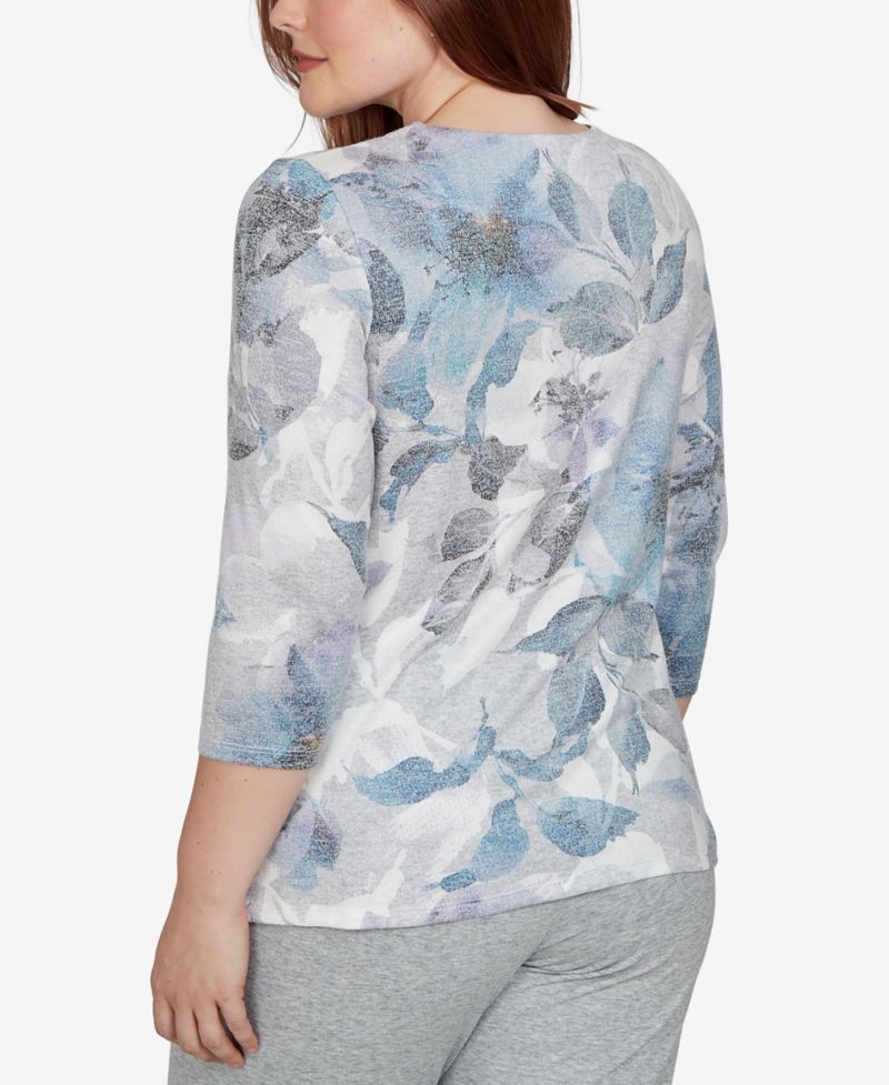 Petite Keyhole Neck 3/4-Sleeve Floral-Print Knit Top