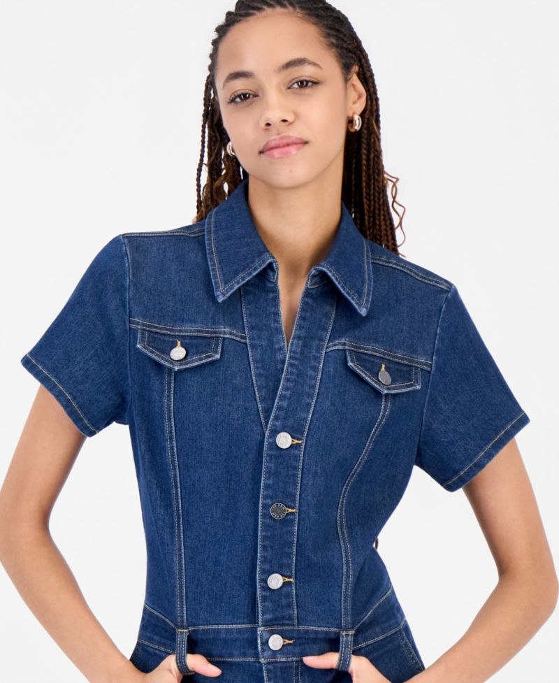 Juniors' Cotton Blend Denim Wide-Leg Boiler Suit