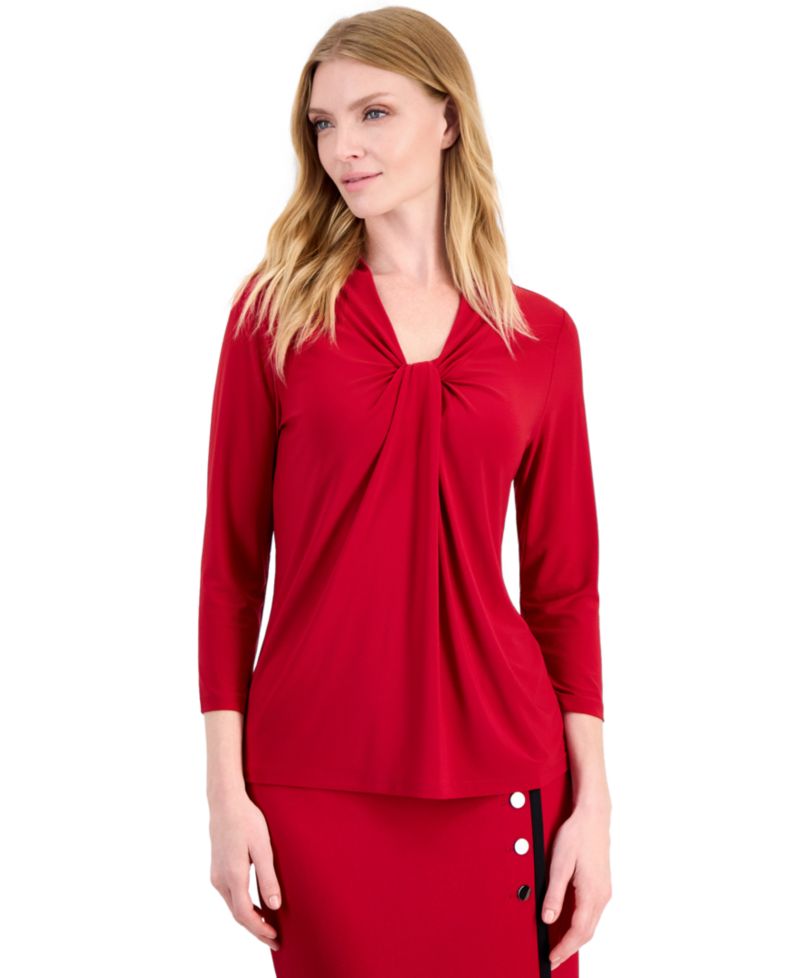 Petite 3/4-Sleeve Knot Neck Jersey Knit Top