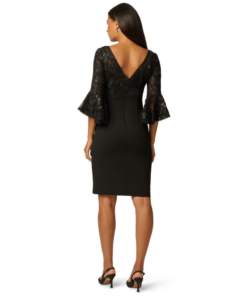 Petite Wedding Guest Sequin-Embellished Floral-Lace Tiered Bell Sleeve Dress