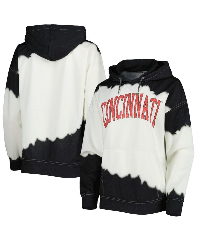 Women's White, Black Distressed Cincinnati Bearcats For the Fun Double Dip-Dyed Pullover Hoodie