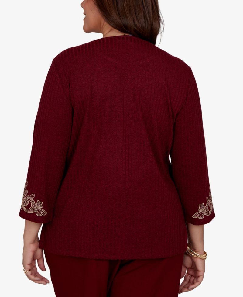 Plus Size Union Square Scroll-Embroidered 3/4 Sleeve Knit Top