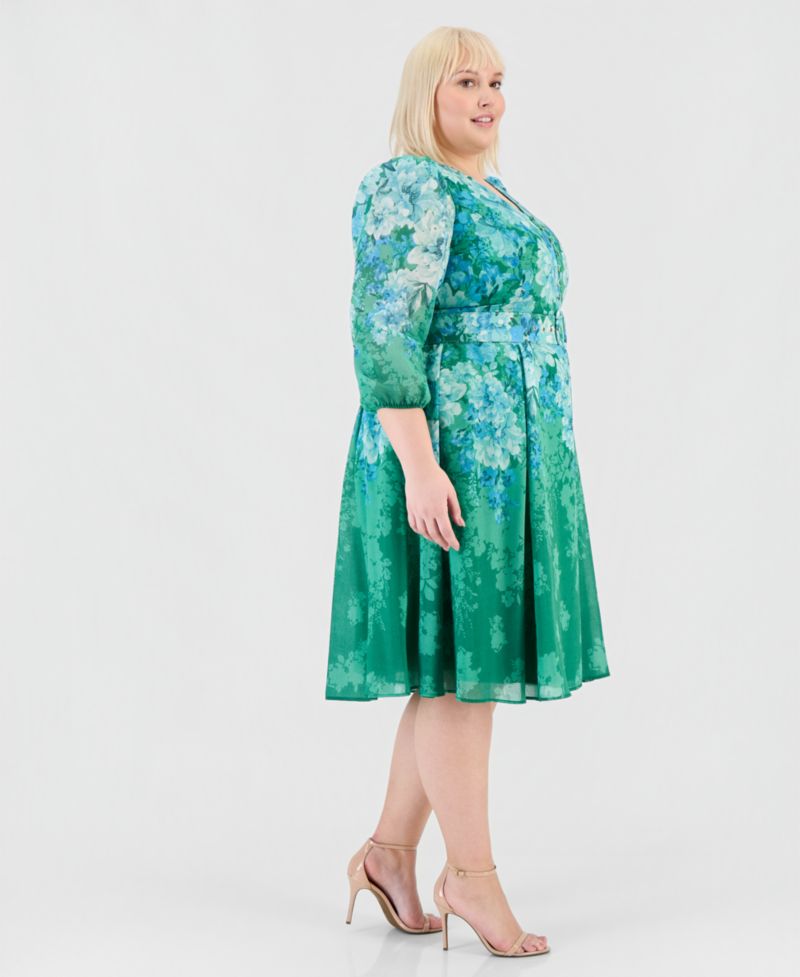 Petite Printed Long-Sleeve Belted Dress
