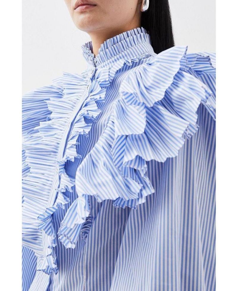 Women's Pleated Striped Ruffle Woven Shirt