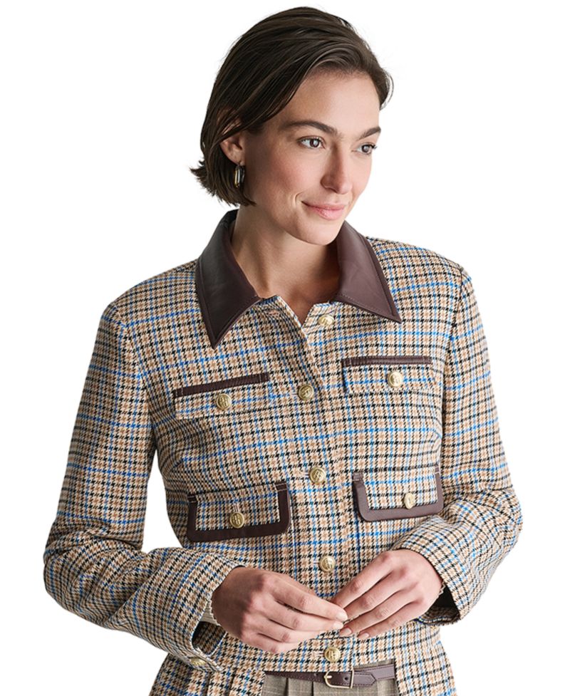 Women's Cropped Collared Plaid Trucker Jacket