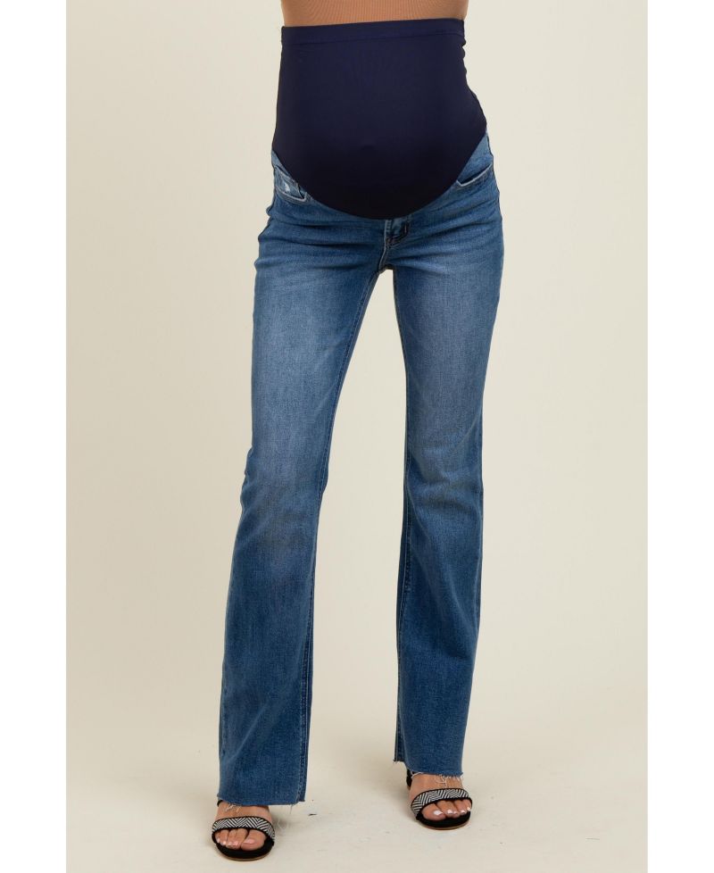 Women's Navy Blue Distressed Raw Hem Bootcut Jeans