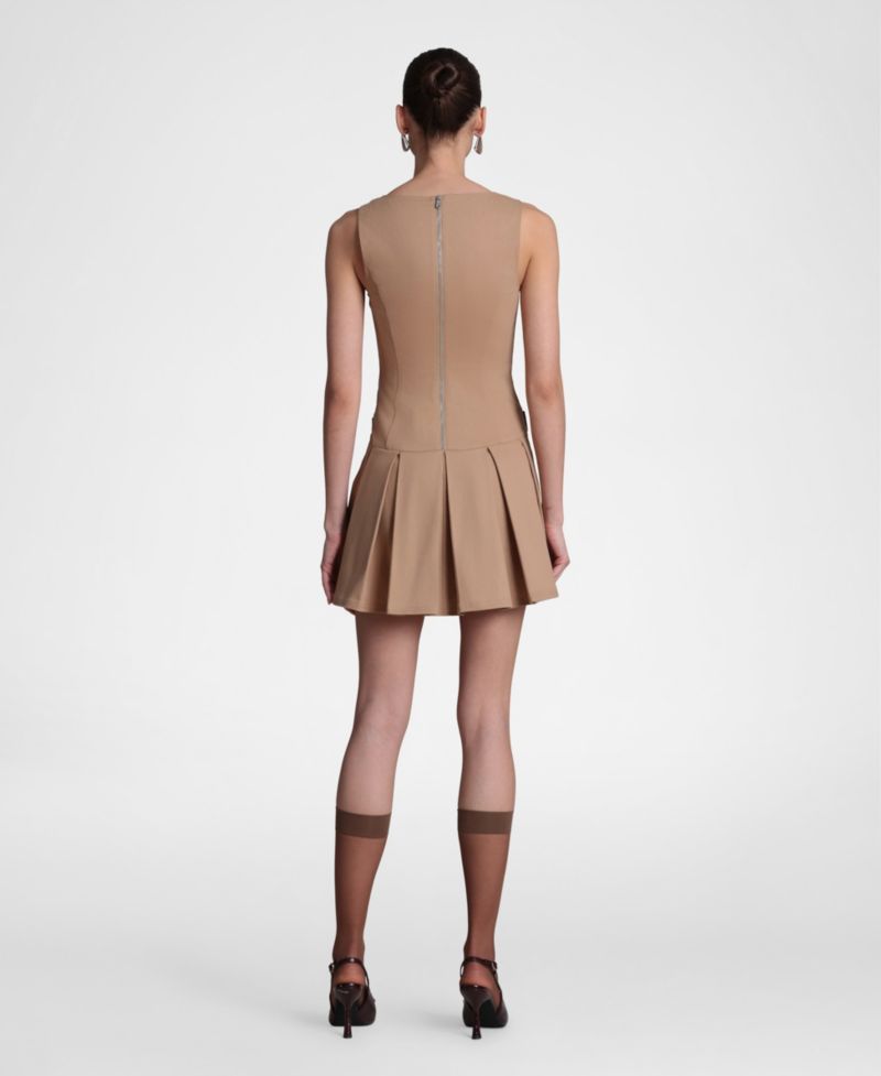 Women's Stretched Cotton Boat Neck Pleated Mini Dress