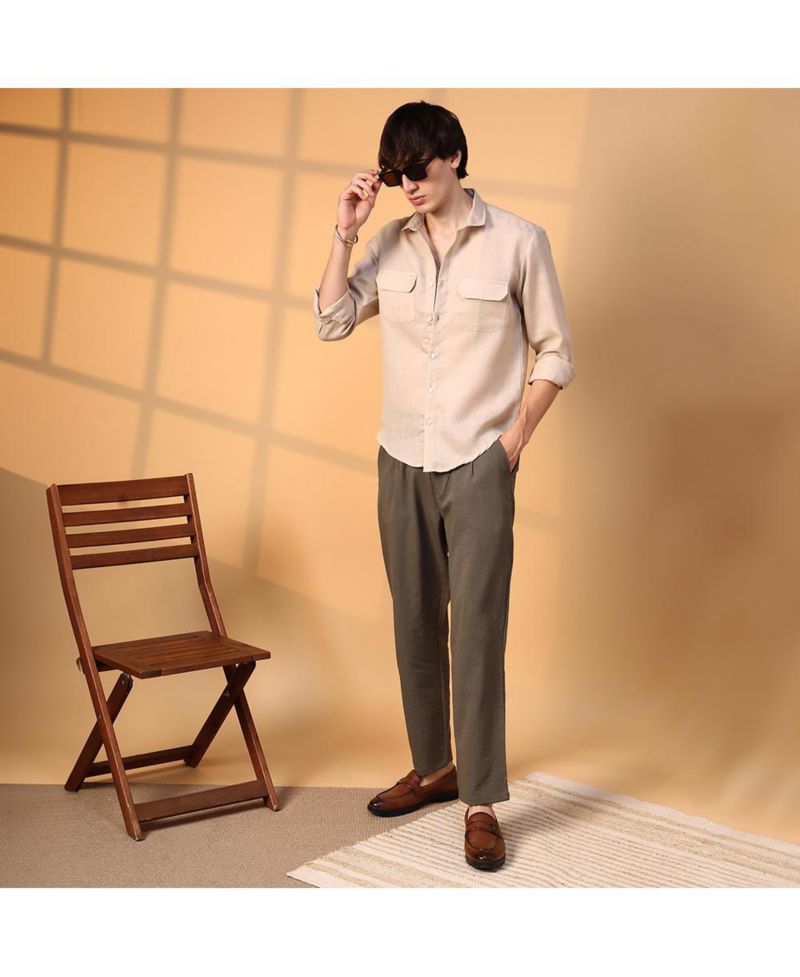 Men's Khaki Beige Solid Utility Shirt