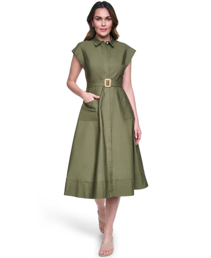 Petite Trapunto Stitch Collared Button-Down Midi Shirt-Dress
