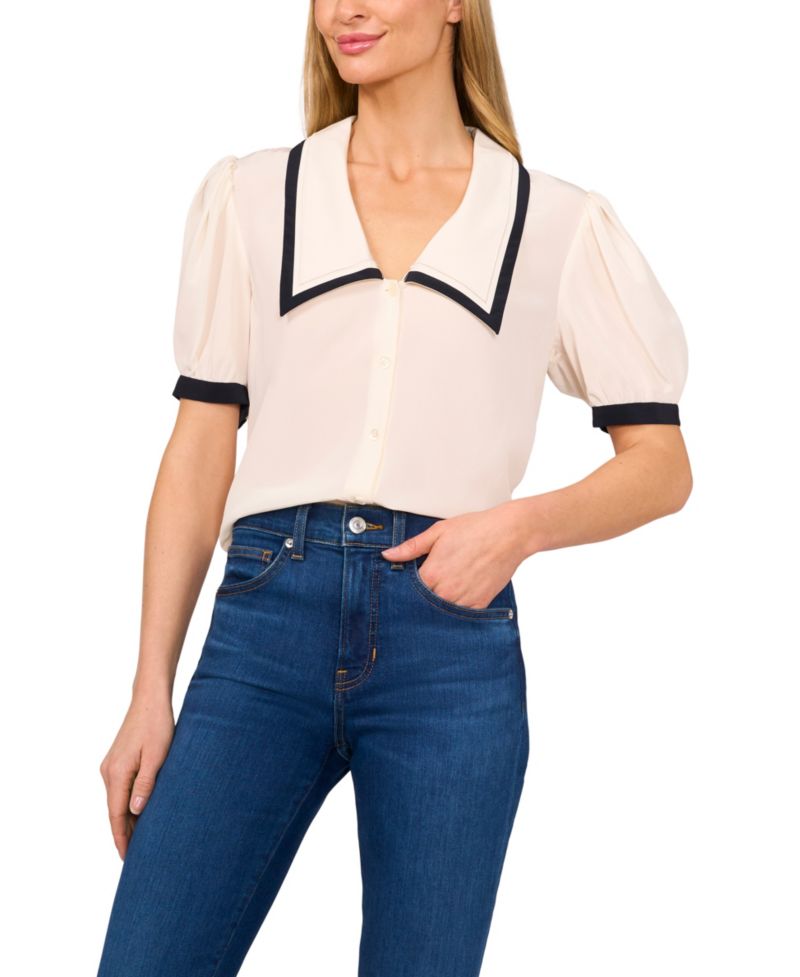 Women's Collared Puff-Sleeve Blouse