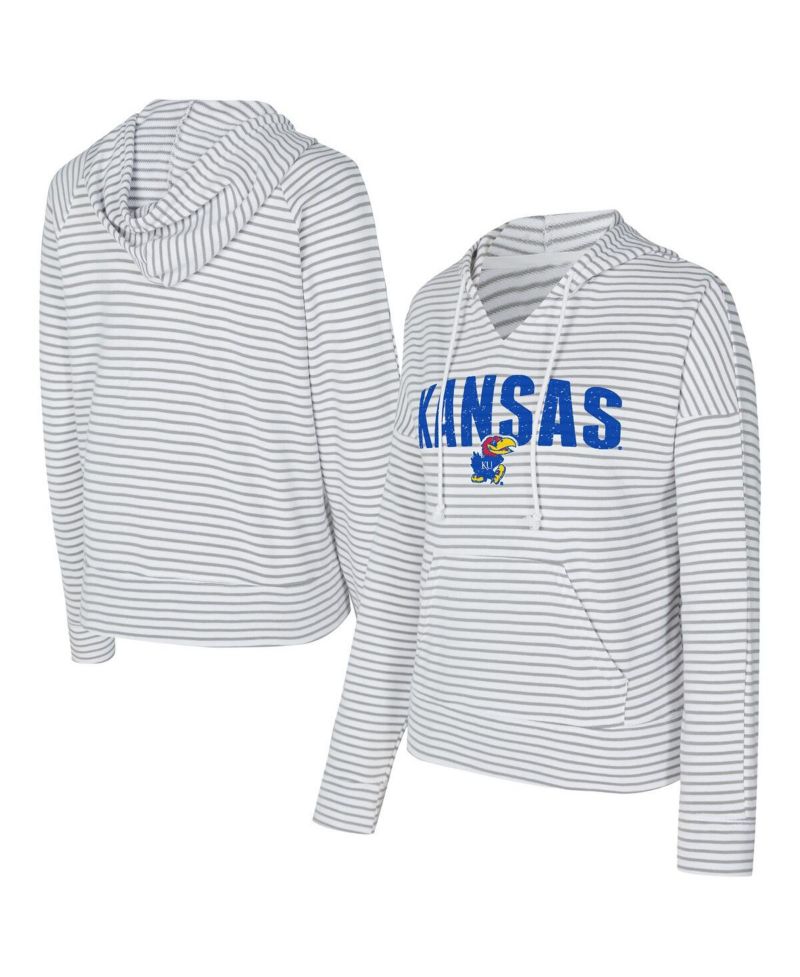 Men's White/Gray Kansas Jayhawks French Terry Striped V-Neck Pullover Hoodie