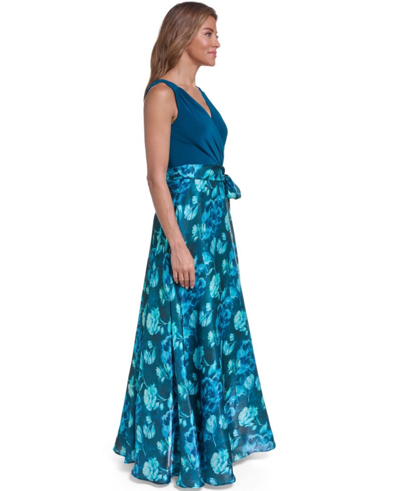 Women's Wrap Surplice Ball Gown Dress with Sash