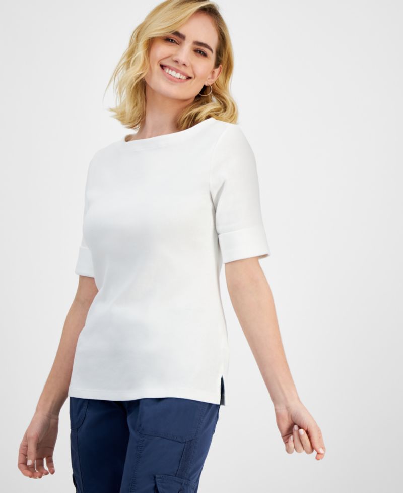 Petite Cotton Elbow-Sleeve Boat-Neck Top