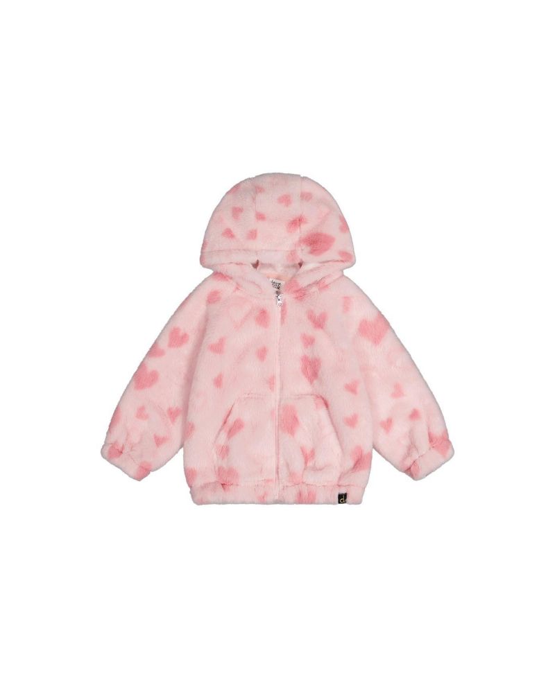 Baby Girl (12M - 24M) Hooded Full Zip Faux Fur Jacket Printed with Hearts