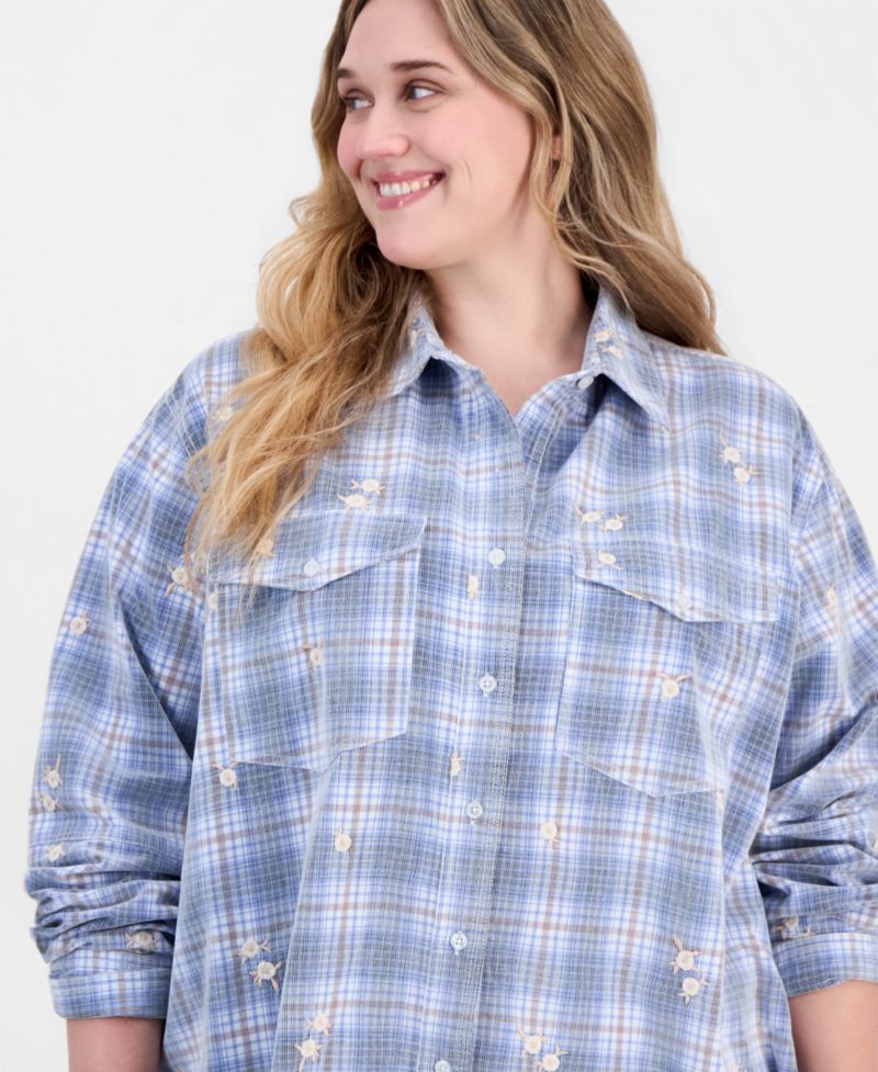 Trendy Plus Size Long-Sleeve Plaid Cord-Embroidered Blouse